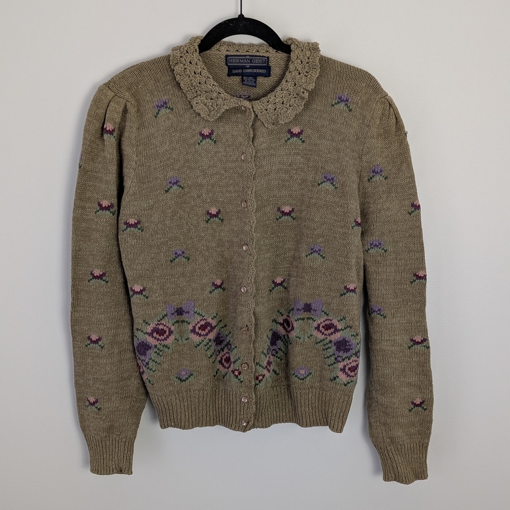 Herman Geist Hand Embroidered Floral Cardigan Sweater M Cottagecore Boho Spring